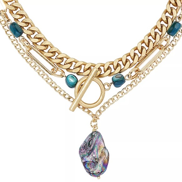 Necklace Sonoma good for life Gold tone 3 row chains abalone shell pendant - Picture 3 of 5